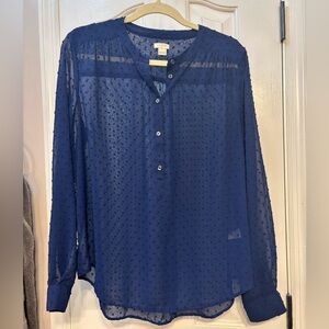 J. Crew navy Swiss dot long sleeve blouse